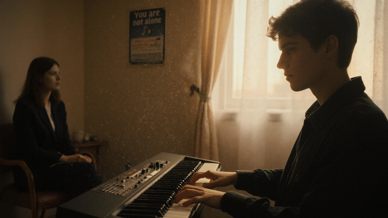 A teenager playing a single note on a keyboard in a calming therapy room.