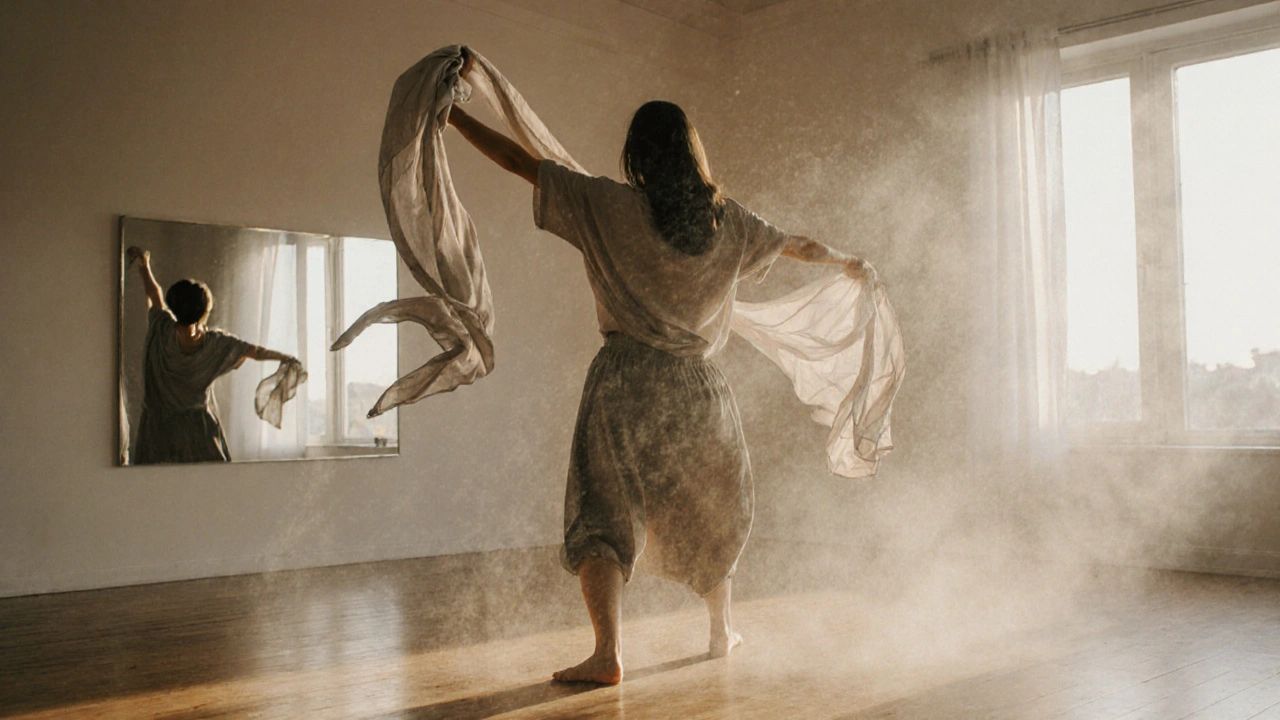 A woman moving freely in bare feet with scarves swirling around her during dance therapy.