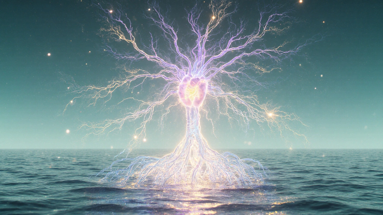 Abstract glowing nervous system connected to calm ocean waves, representing internal biofeedback signals.