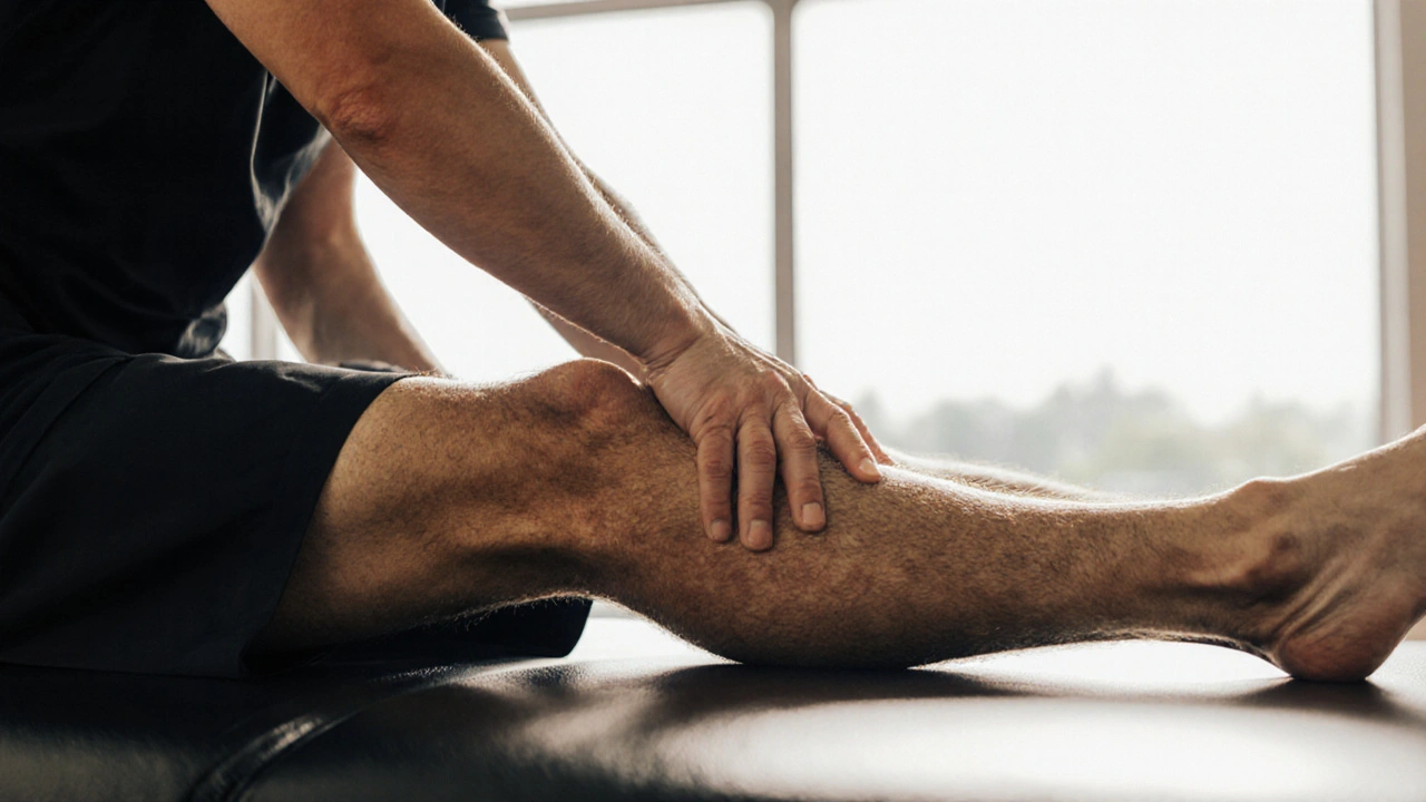 Athlete receiving sports massage on a table in a bright training center, therapist's hands applying pressure to leg muscles.