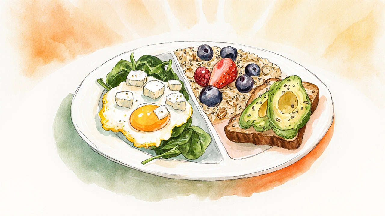 Balanced breakfast plate showing protein, fiber carbs, and healthy fats.