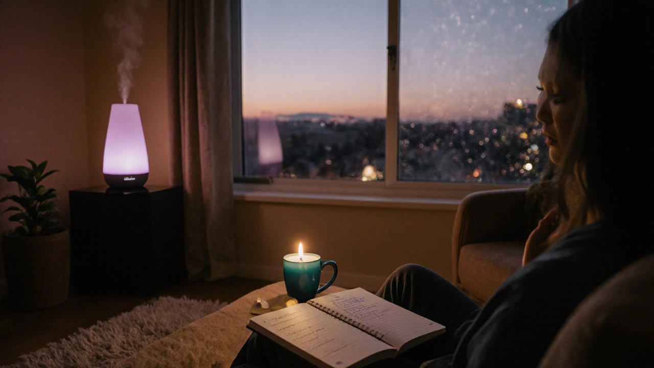 Cozy evening scene with diffuser, journal, and candle, depicting a tranquil nightly calmness routine.