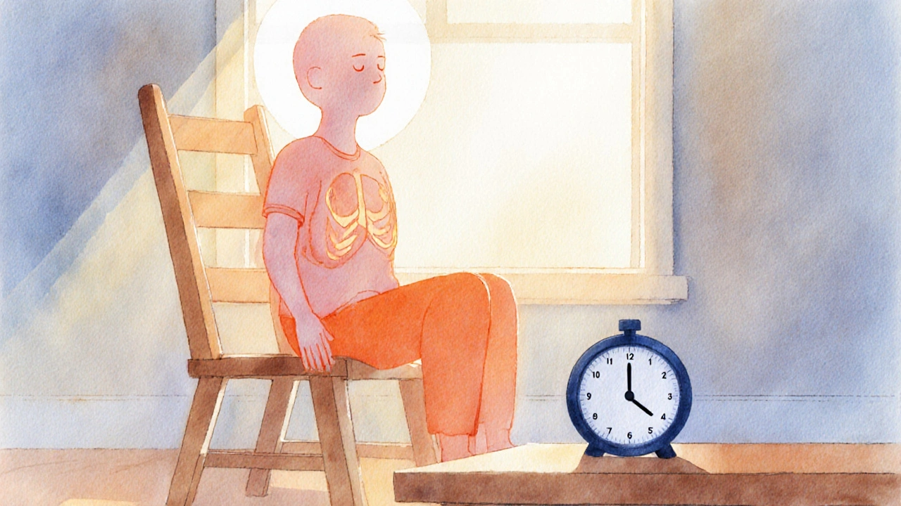 Cozy room with a person seated, timer counting down, focusing on breath.
