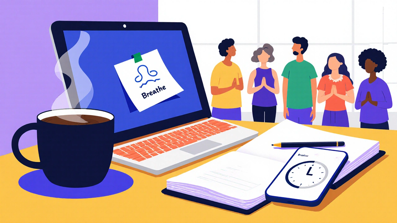 Desk scene with coffee mug, sticky note, journal, phone timer, and distant class.