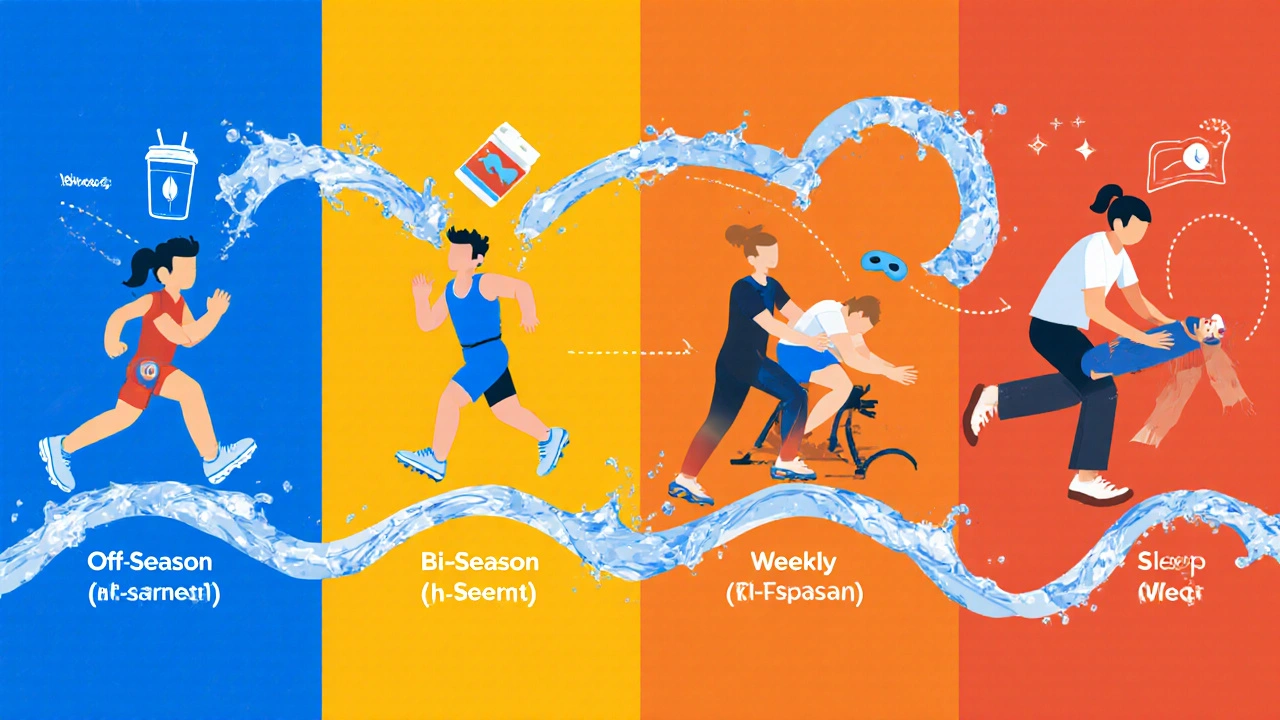 Graphic collage of an athlete’s training year with massage sessions in each season.