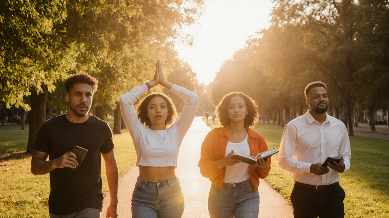 Group of people exercising, breathing, and video‑chatting on a sunrise park trail.