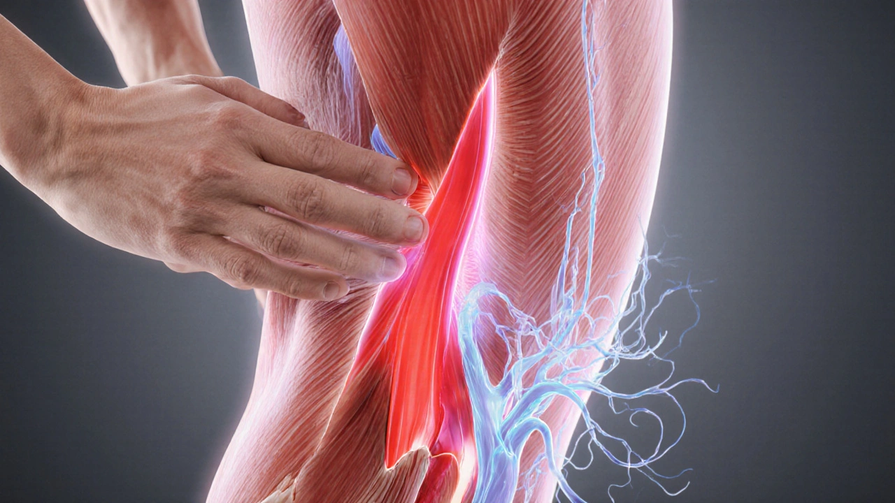 Illustrated cross‑section of thigh muscle showing blood flow and lymphatic drainage during massage.