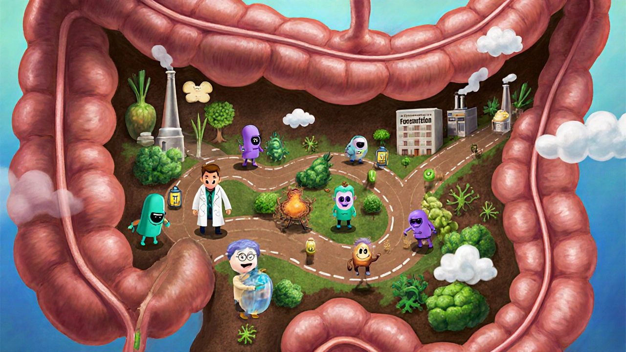 Illustrated gut microbiome as a lively city with friendly bacteria and fiber streets.