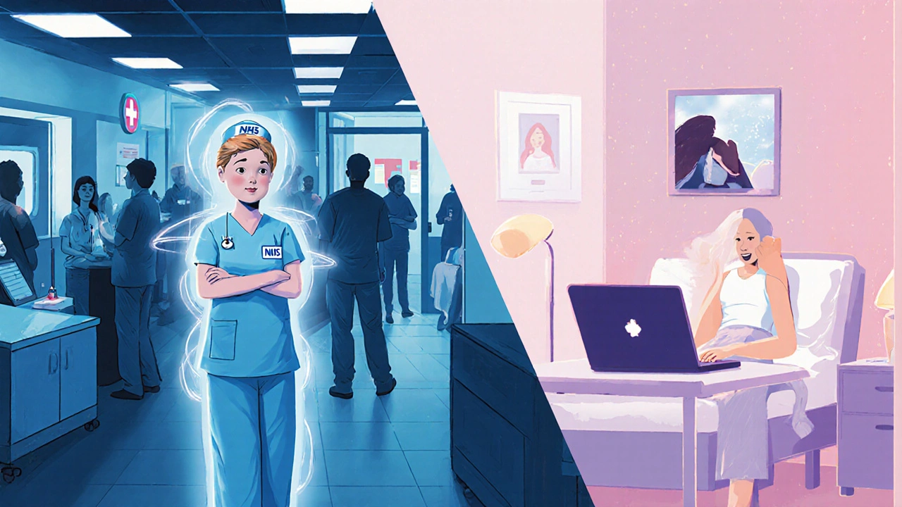 Nurse in hospital gear and the same nurse in a home video‑therapy session, split screen.