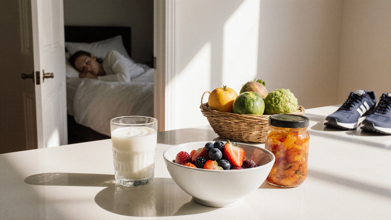 Sunny kitchen scene with yogurt, berries, kimchi, and fruits beside sleep and exercise hints.