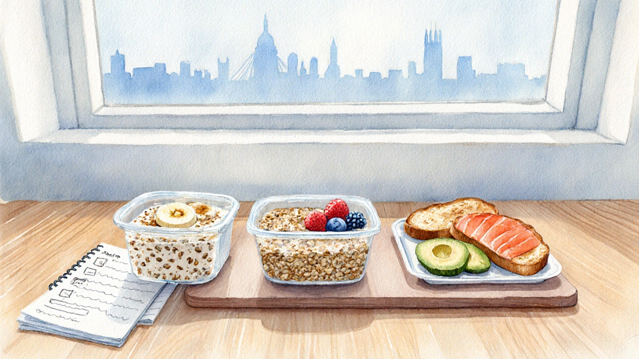 Watercolor of three ready‑to‑go breakfast containers on a prep board.