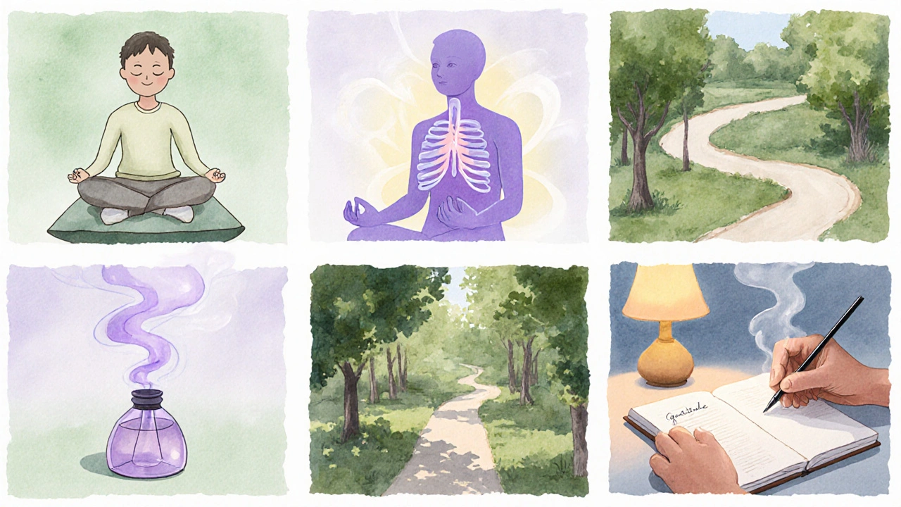 Watercolor panels showing meditation, deep breathing, muscle relaxation, nature walk, aromatherapy, and journaling.
