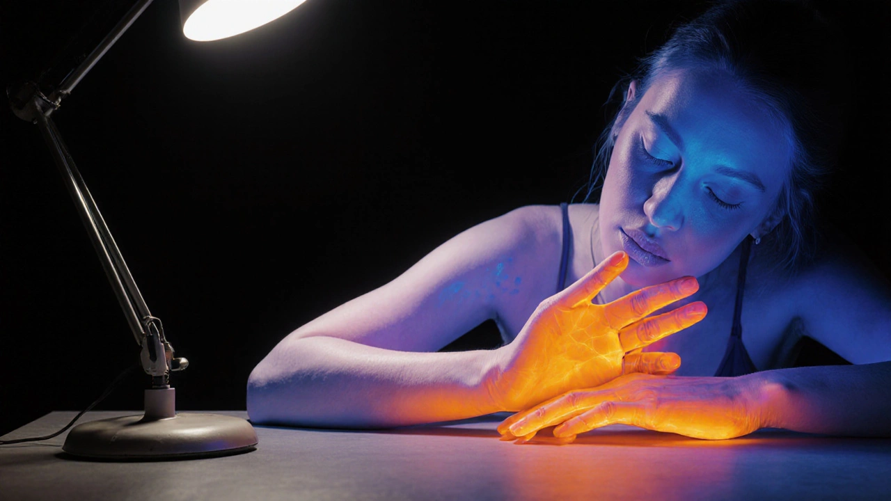 Woman's hands glowing warm on a table with thermal biofeedback colors indicating relaxation.