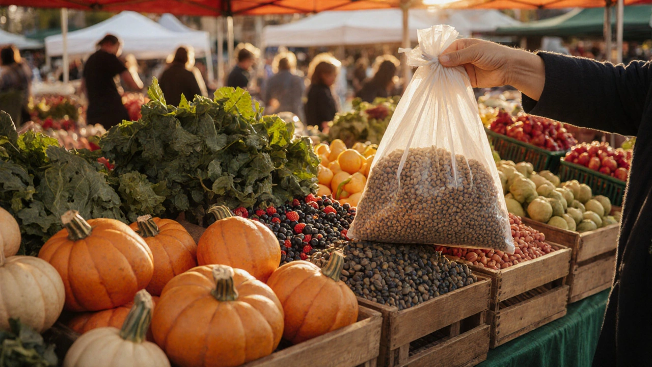 A colorful farmers market stall with seasonal vegetables, fruits, and legumes on wooden crates.