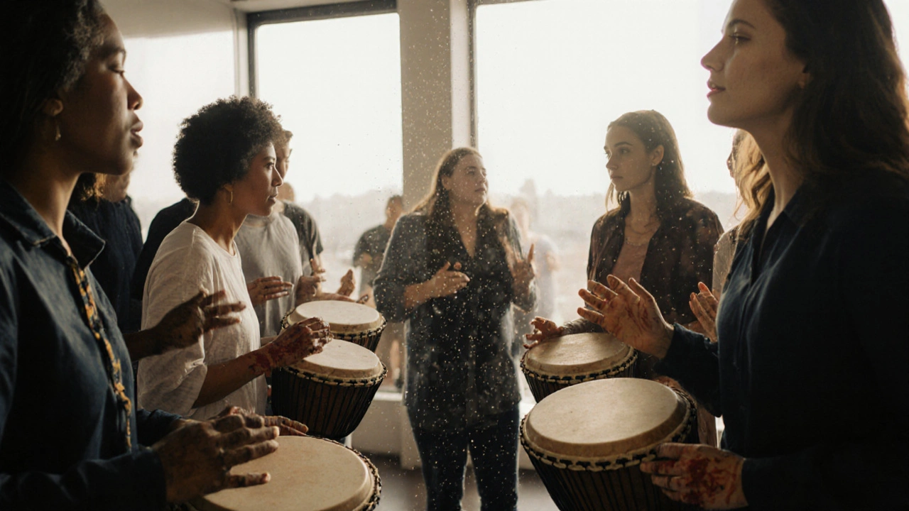 A group of people drumming together in a sunlit room, lost in rhythm and connection.