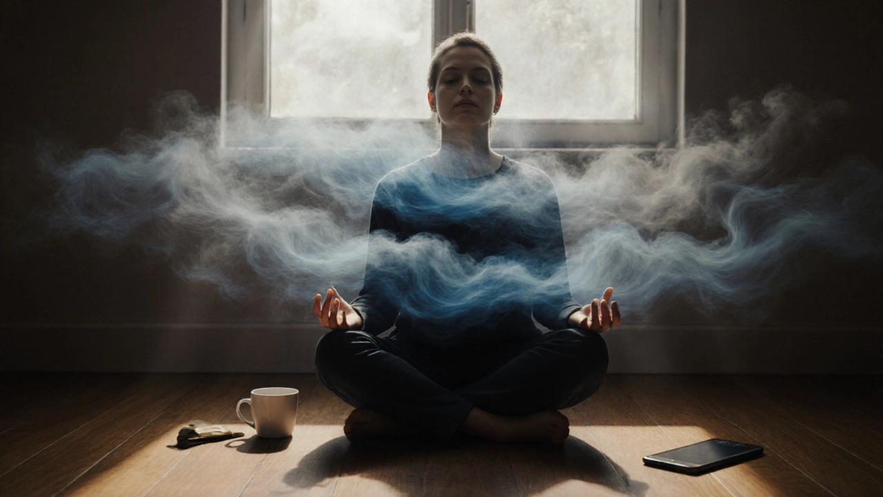 A person meditating peacefully at dawn, with calming energy dispersing mental clutter, soft light entering a window.