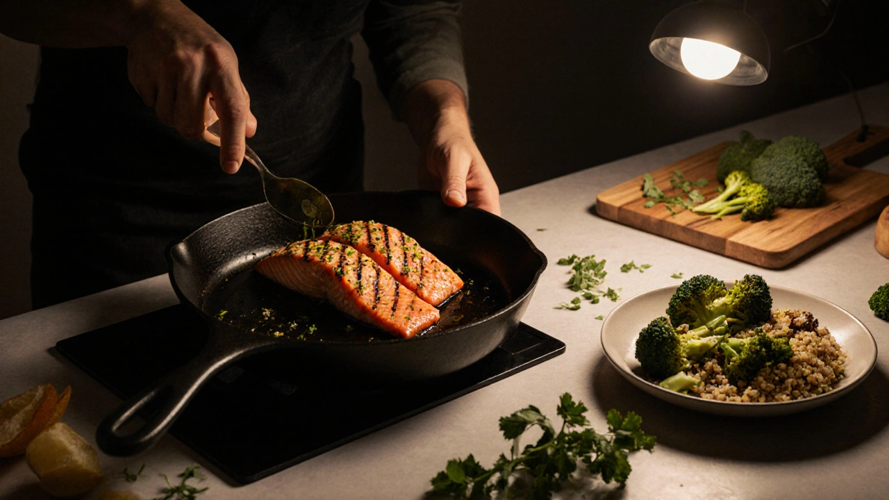 A plated dinner of grilled salmon, roasted broccoli, and quinoa with olive oil drizzle and fresh herbs.