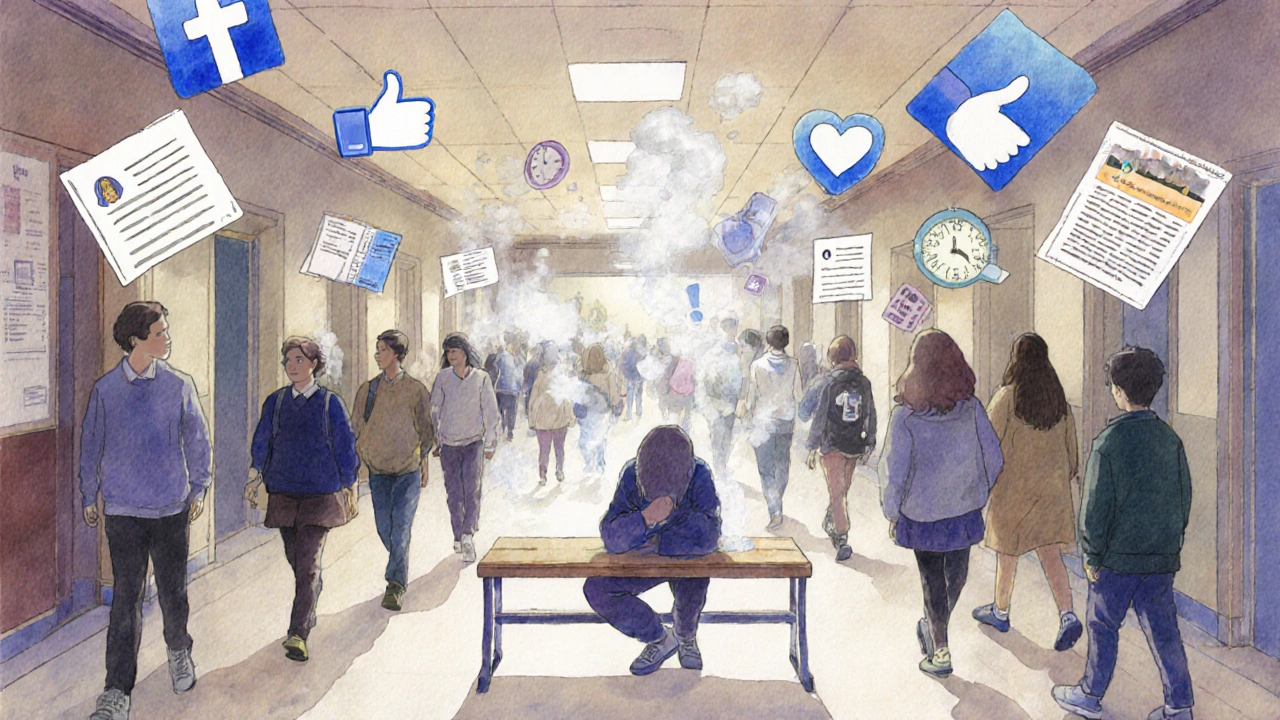 A student on an empty bench in a crowded school hallway, surrounded by fading social media symbols and academic pressures.