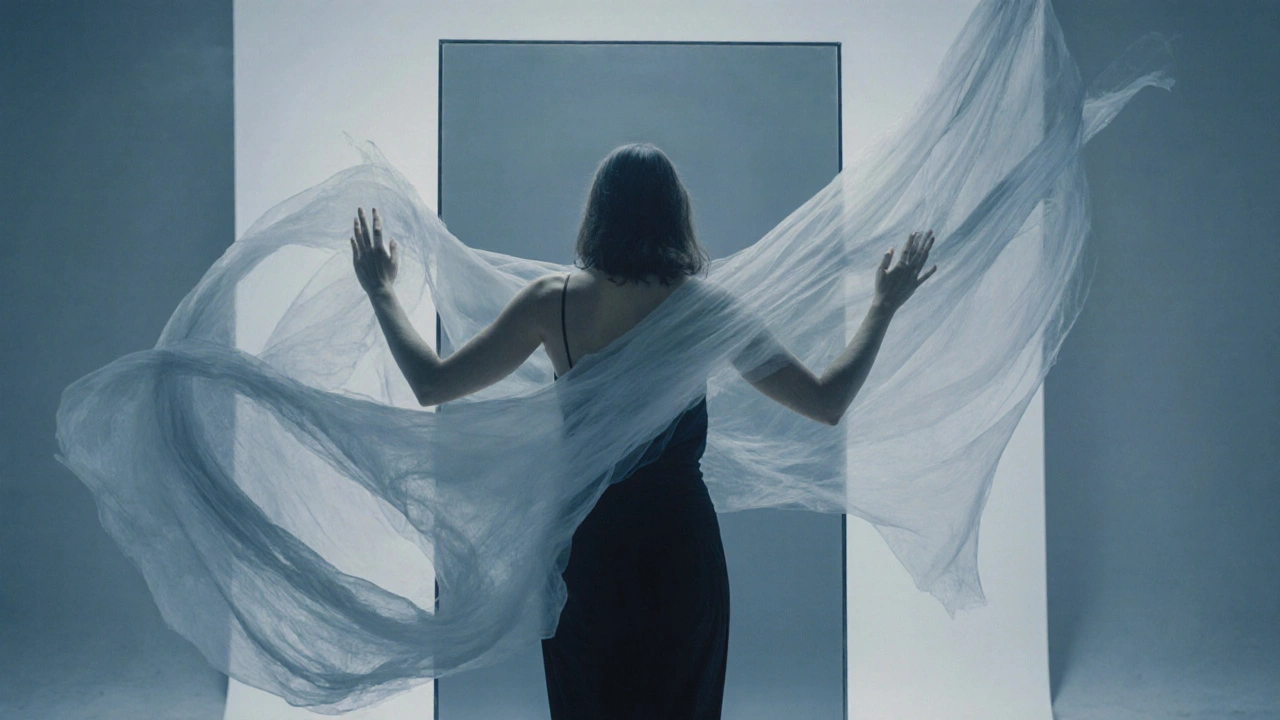 A woman moving freely before a mirror, her body expressing what words cannot.