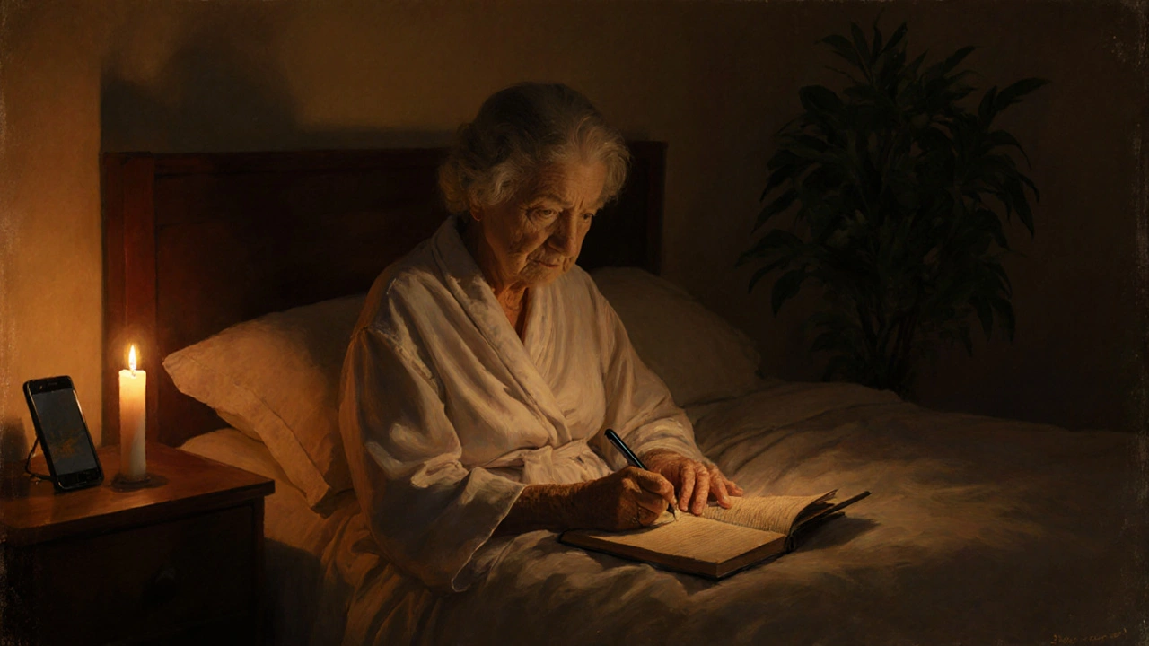 Elderly woman writing in a journal by candlelight, phone face-down on nightstand, quiet nighttime scene.