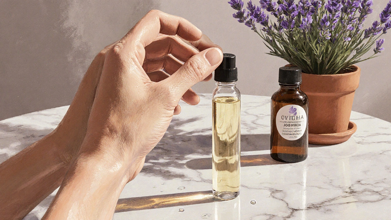 Hands applying diluted lavender and frankincense oil to temples and wrists for allergy relief.