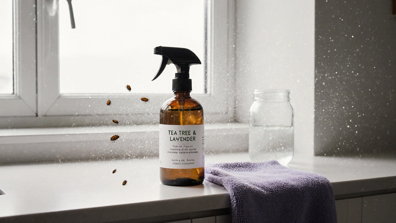 Homemade cleaning spray with tea tree and lavender oil neutralizing allergens on a kitchen counter.