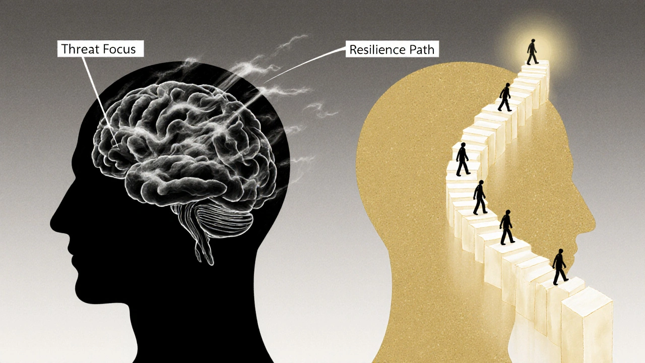 Human brain with two contrasting neural pathways: dark threat lines and bright resilience path.
