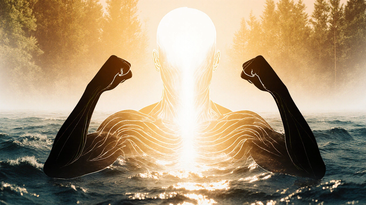 Human silhouette releasing tension into warm light, with nature elements fading in.