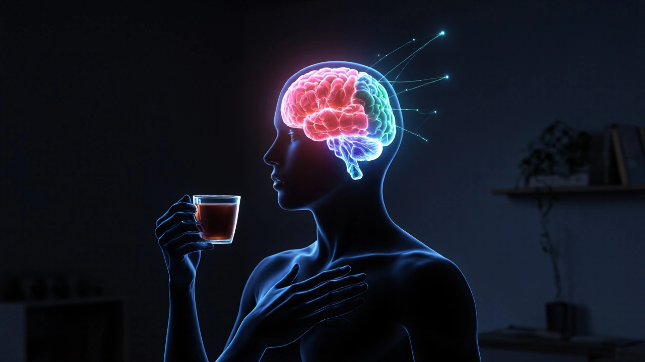 Human silhouette with brain scan showing reduced craving activity and increased self-control regions.