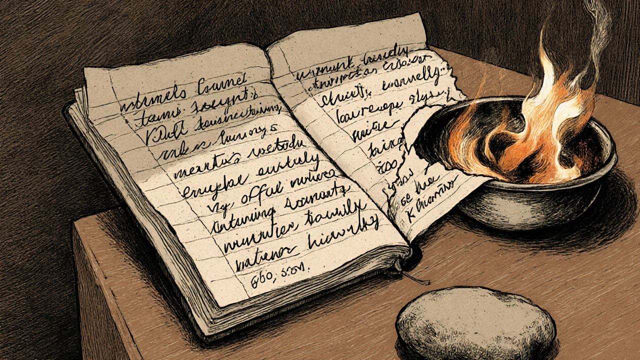 Journal page burning in a bowl, river stone beside it, symbolizing letting go.