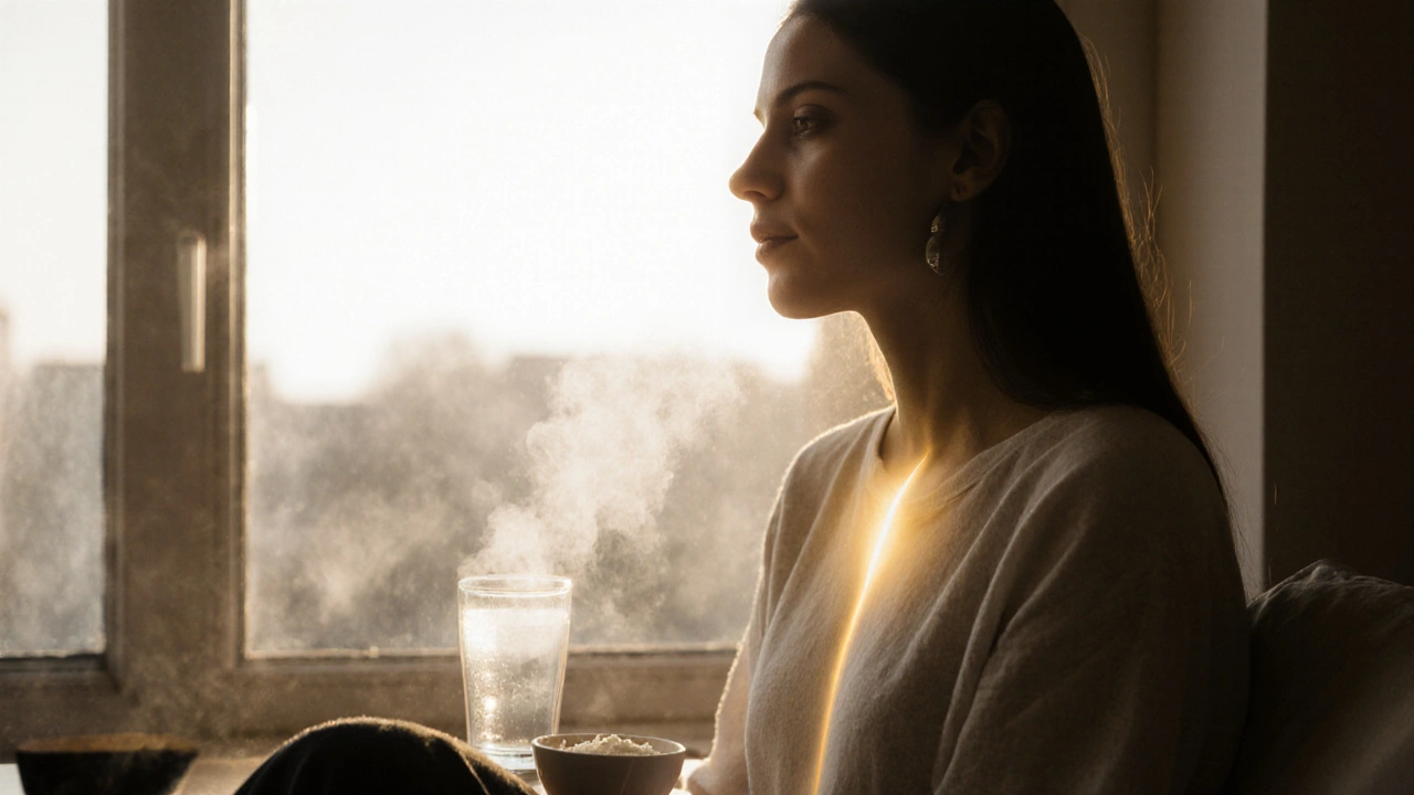 Person breathing calmly in morning light beside water and kefir, symbolizing gut wellness.