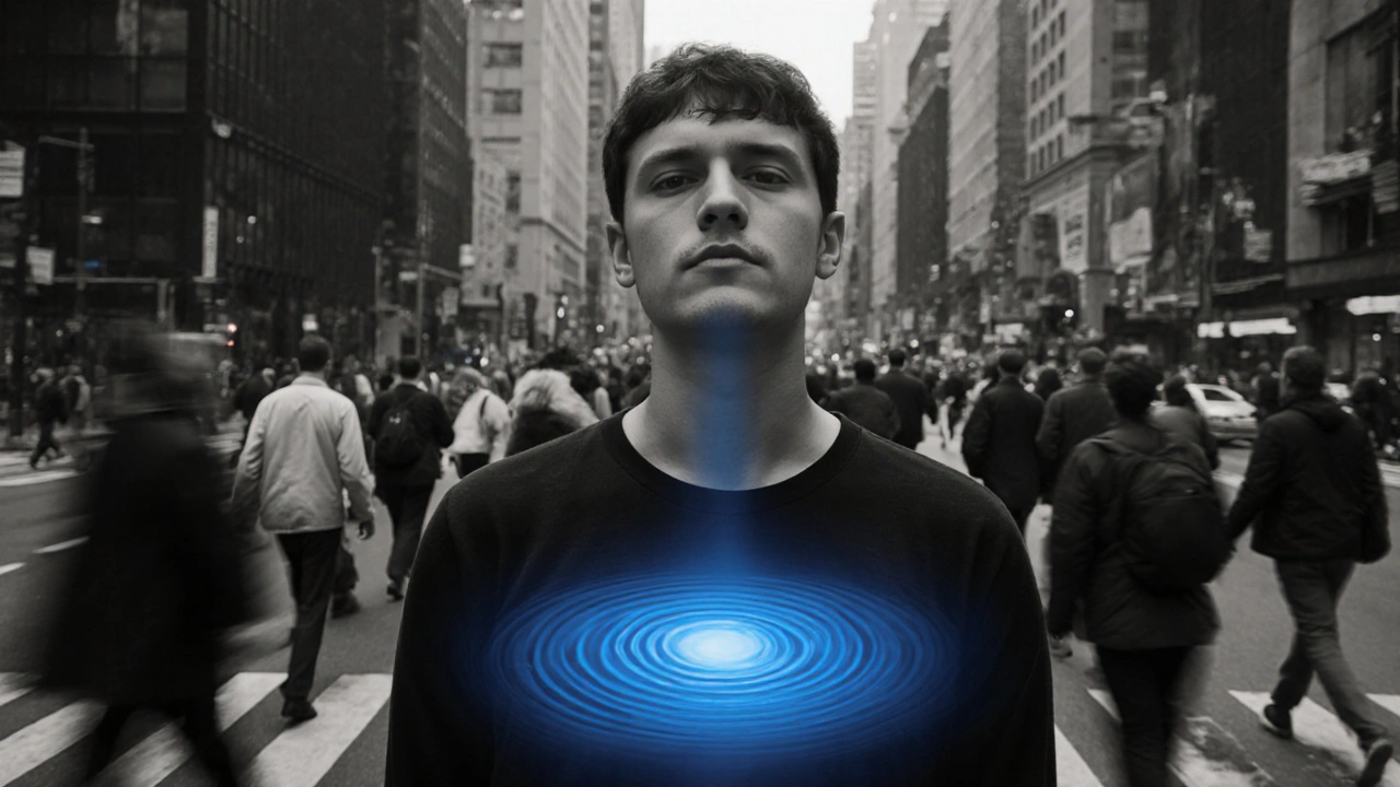 Person calmly breathing in a crowded city, surrounded by calm blue energy amid chaos.