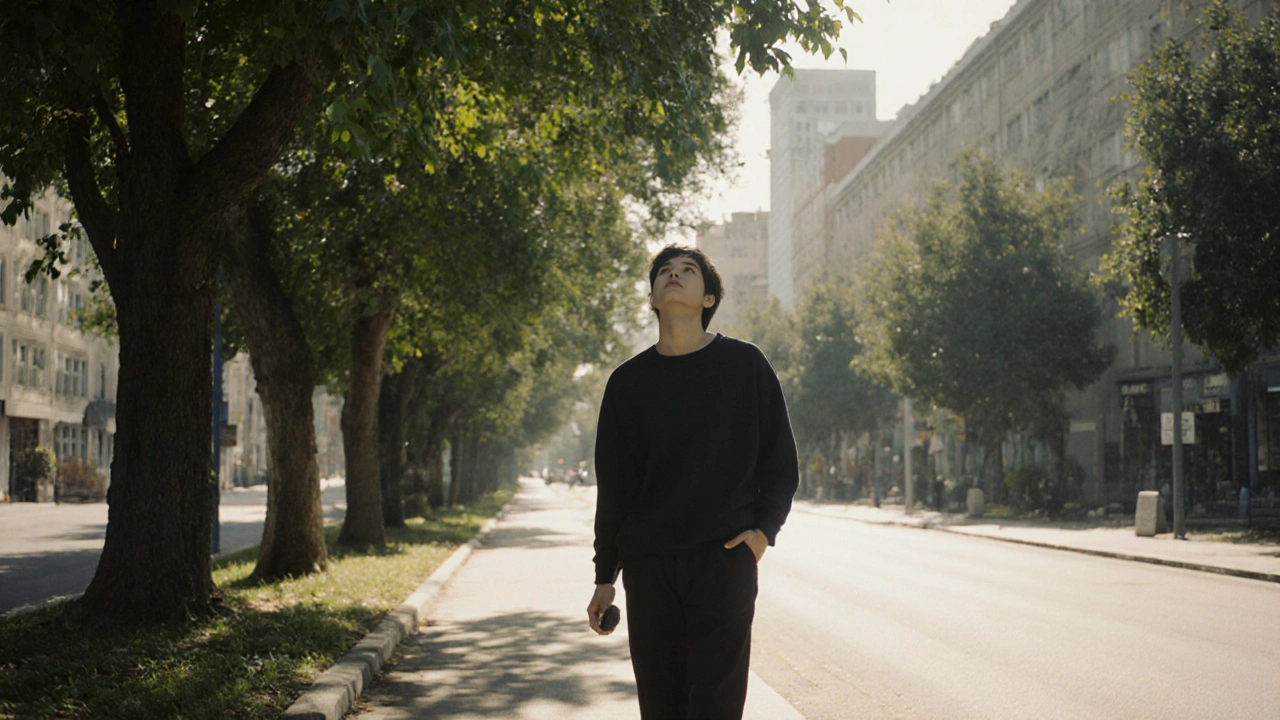 Person walking mindfully on a tree-lined path, holding a stone, phone away.