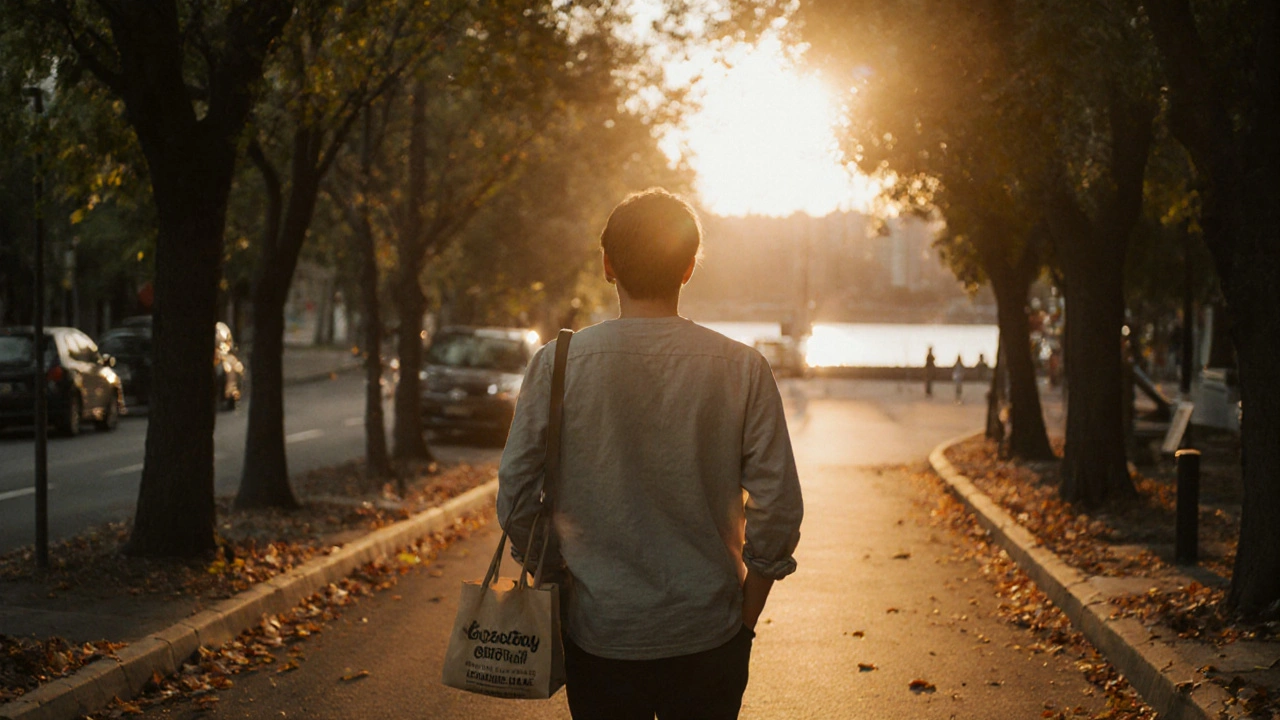 Person walking peacefully at sunset along a river street, phone left behind, golden light filtering through trees.