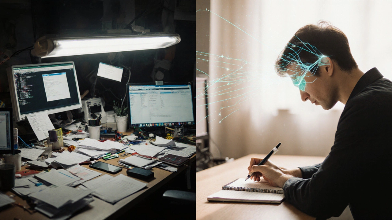 Split image: chaotic desk vs. calm, focused workspace, symbolizing how meditation improves attention and reduces distraction.