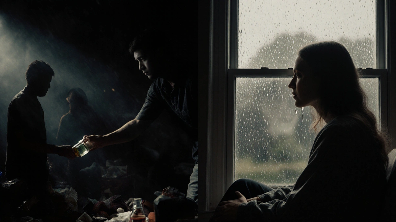 Split image: one side shows reaching for alcohol in darkness, the other shows peaceful breathing by a rainy window.