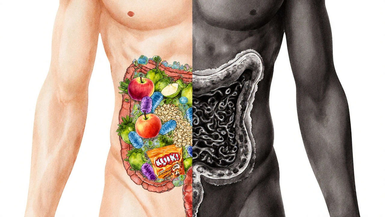 Split torso illustration showing healthy gut with whole foods versus inflamed gut with processed foods.