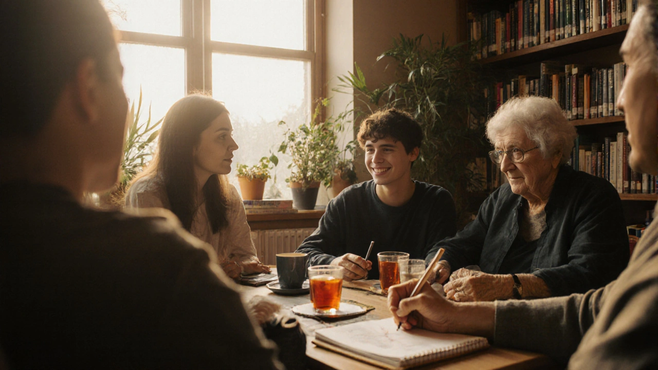 Teens and older adults sharing quiet conversation over tea in a warm library setting, no phones in sight.