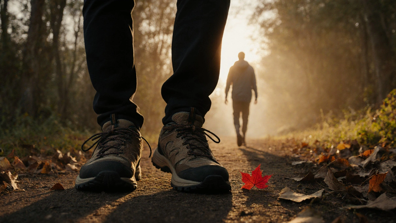 Worn shoes on a forest path at dawn, one figure walking forward with golden light ahead.