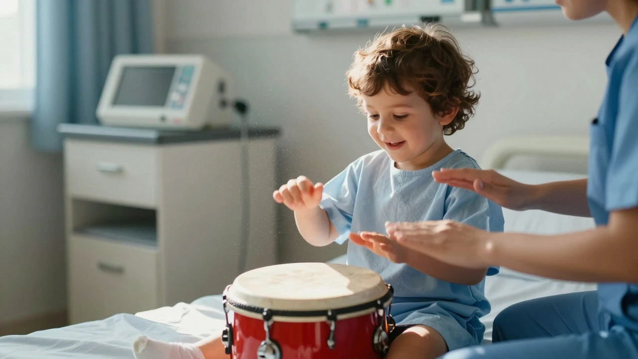A child drumming with a therapist in a hospital room, finding control through rhythm.