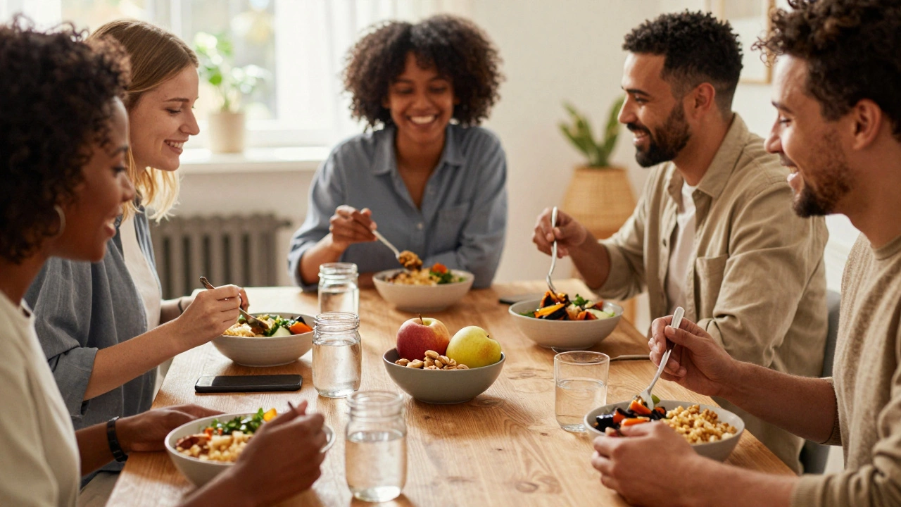 A group of people eating healthy meals together, no devices, with nuts and fruit on the table.