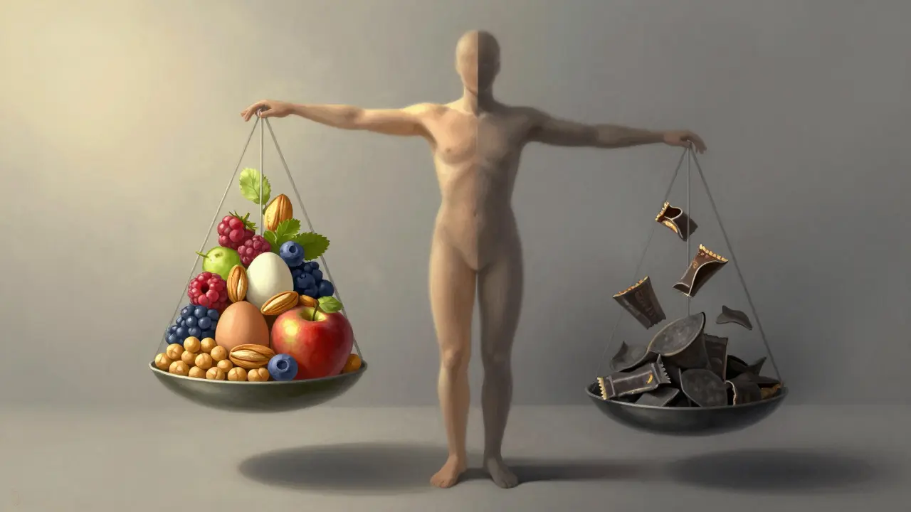 A human figure balanced between vibrant whole foods on one side and dark processed snacks on the other, symbolizing healthy choices.