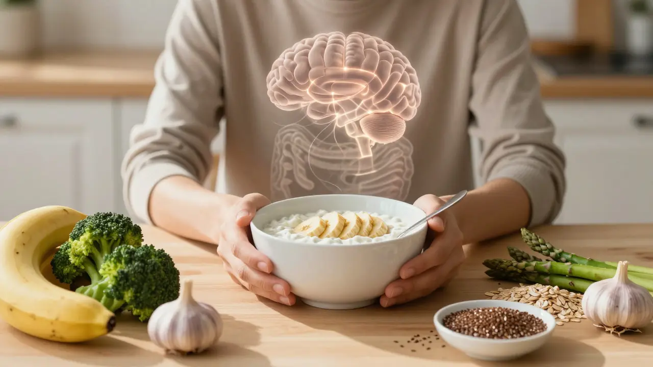 A person eating whole foods like kefir, bananas, and broccoli, with a subtle neural connection to their brain.