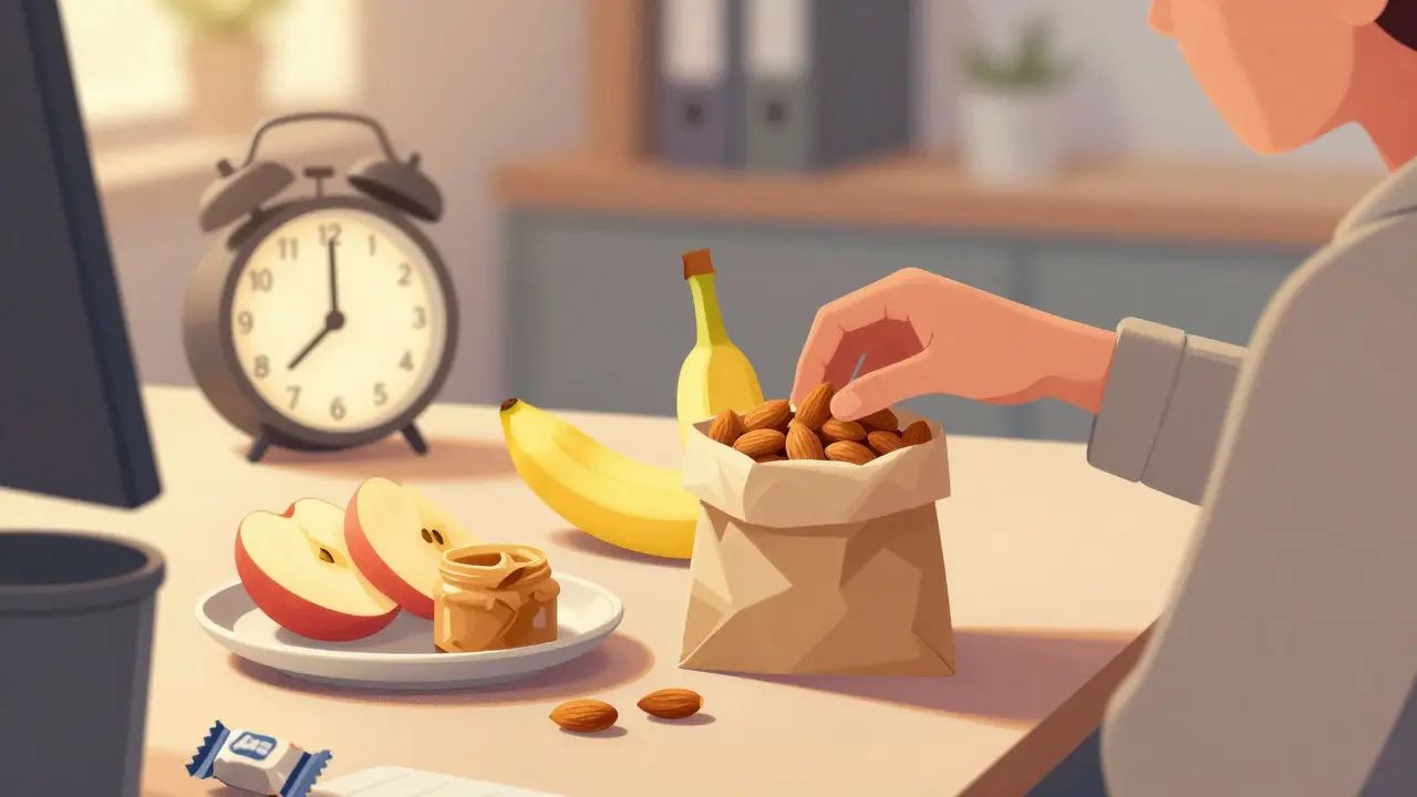 A person reaching for a banana and almonds at their desk in the afternoon, with a healthy snack nearby and junk food discarded in the trash.