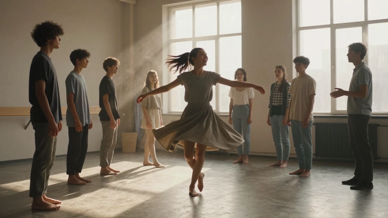 A teen girl spinning joyfully in dance therapy as others watch in quiet support.