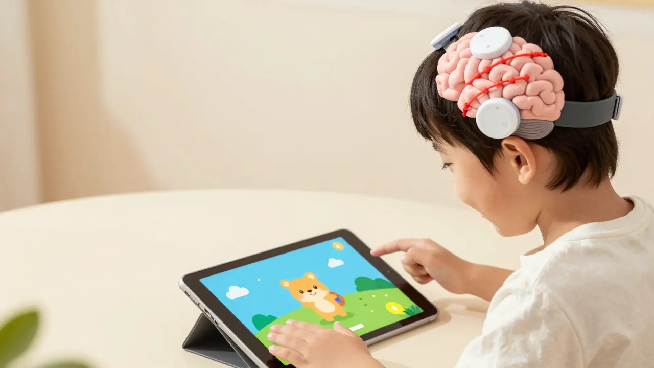 Child playing a game that uses brainwave feedback to calm a cartoon character, showing biofeedback in action.