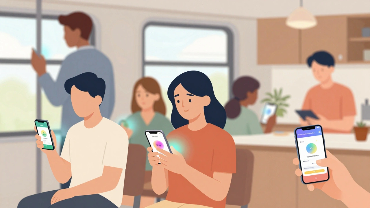 Diverse people using mindfulness apps in daily life, with soft colorful auras representing inner peace.