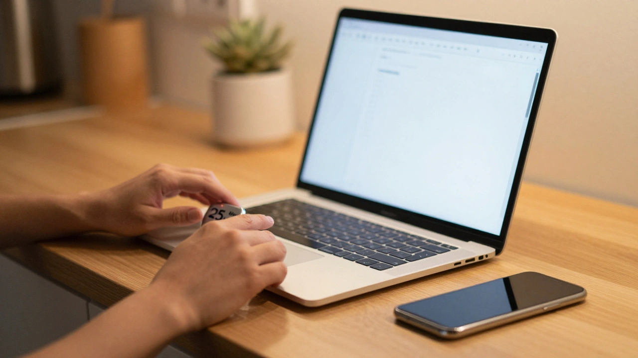 Hands resting near a timer and single open document on a muted phone.