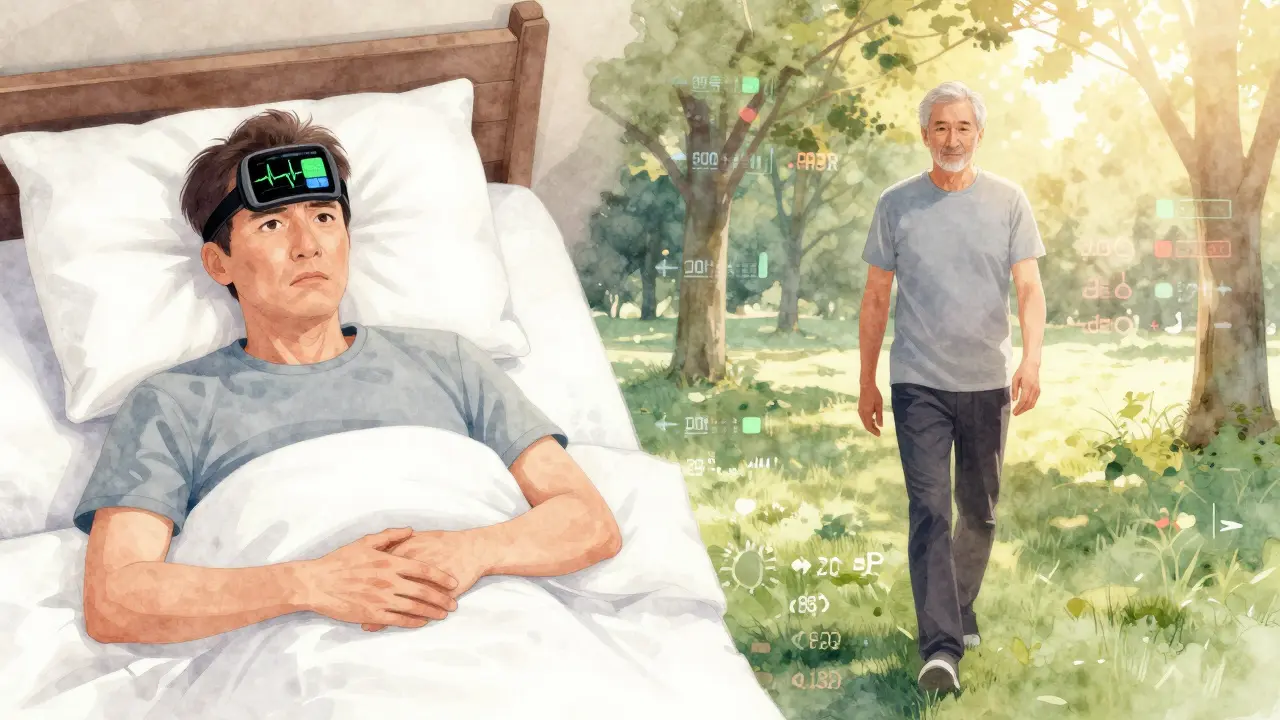 Man wearing heart rate monitor in bed versus same man walking peacefully in park at sunrise, symbolizing recovery.