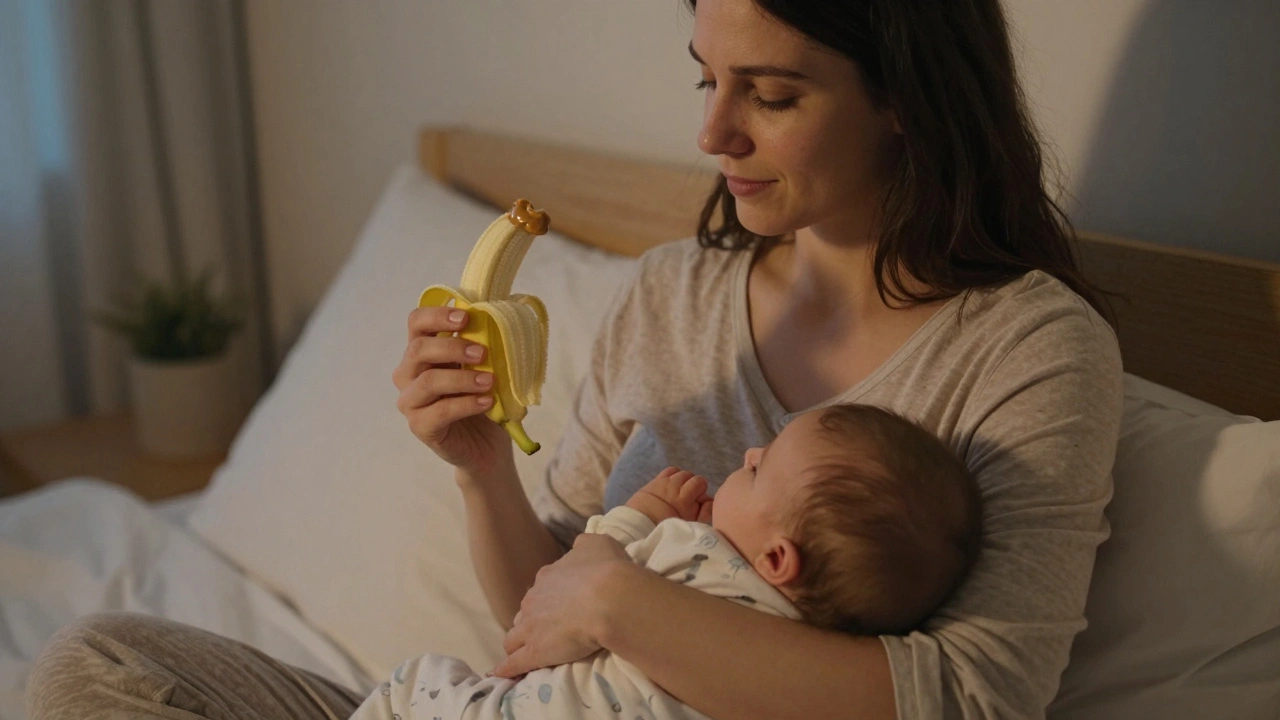 Mother eating a banana with peanut butter while holding her baby at night in soft lamplight.